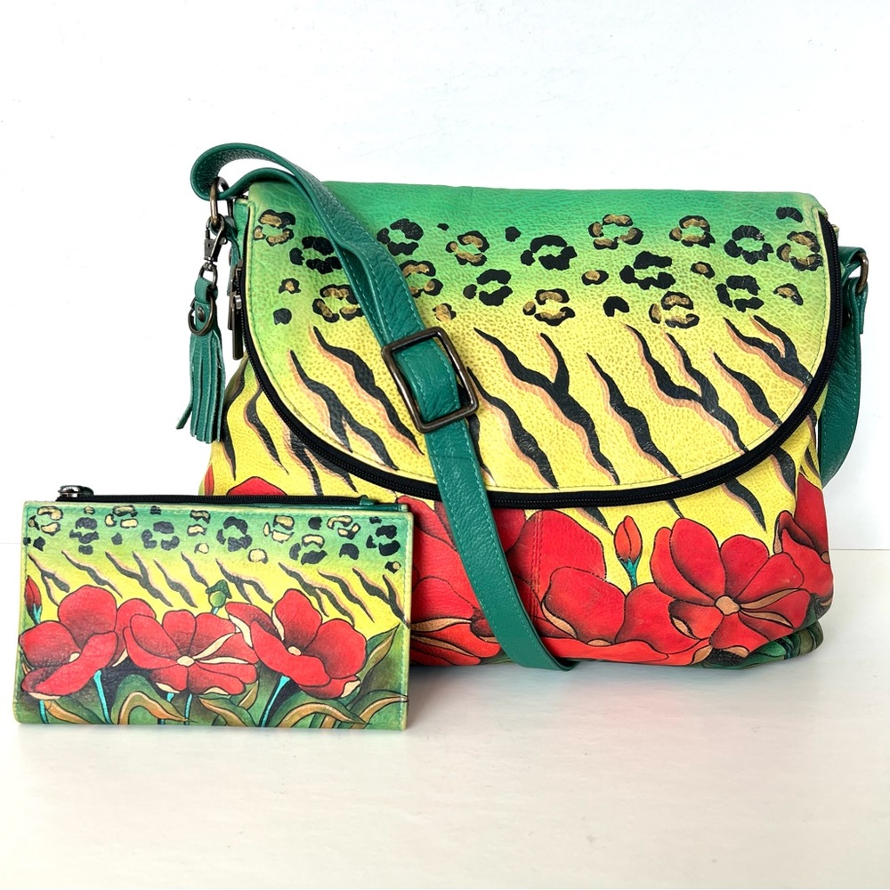 ANUSCHKA Multicolor Hand Painted Leather Wallet w Shoulder Bag Crossbody Satchel